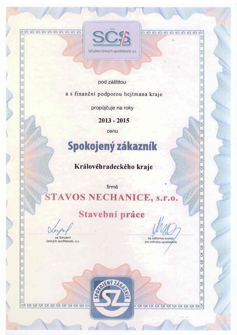 STAVOS NECHANICE - Certifikát spokojený zákazník