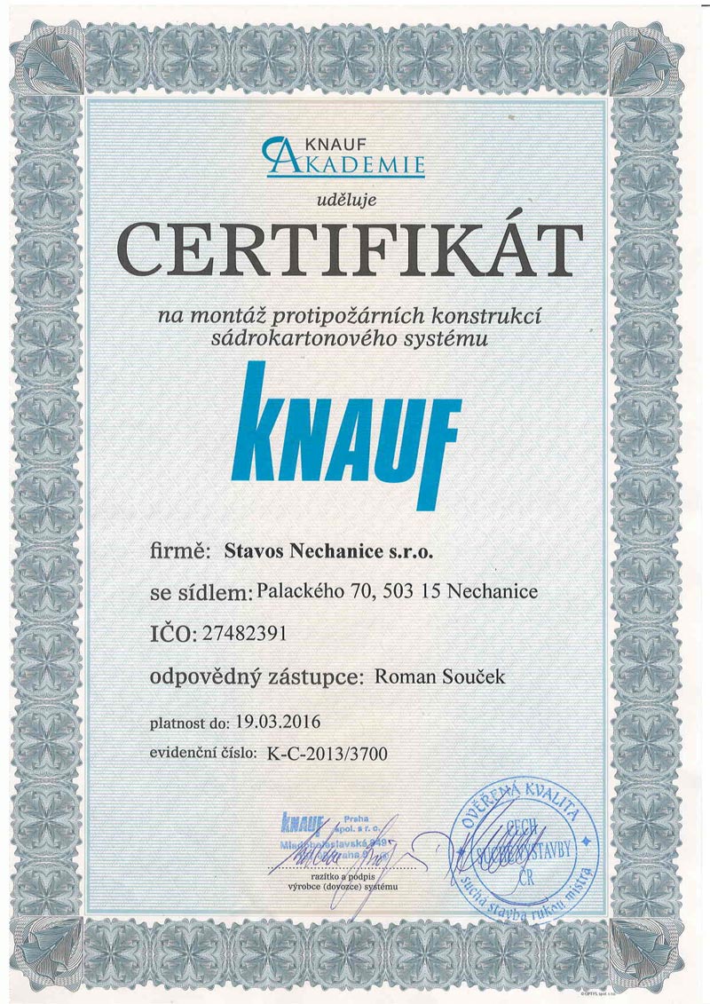STAVOS NECHANICE - Certifikát KNAUF