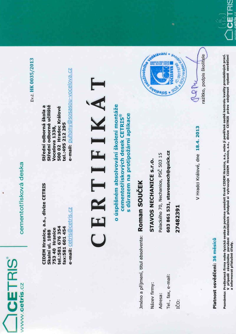 STAVOS NECHANICE - Certifikát o školení Cetris