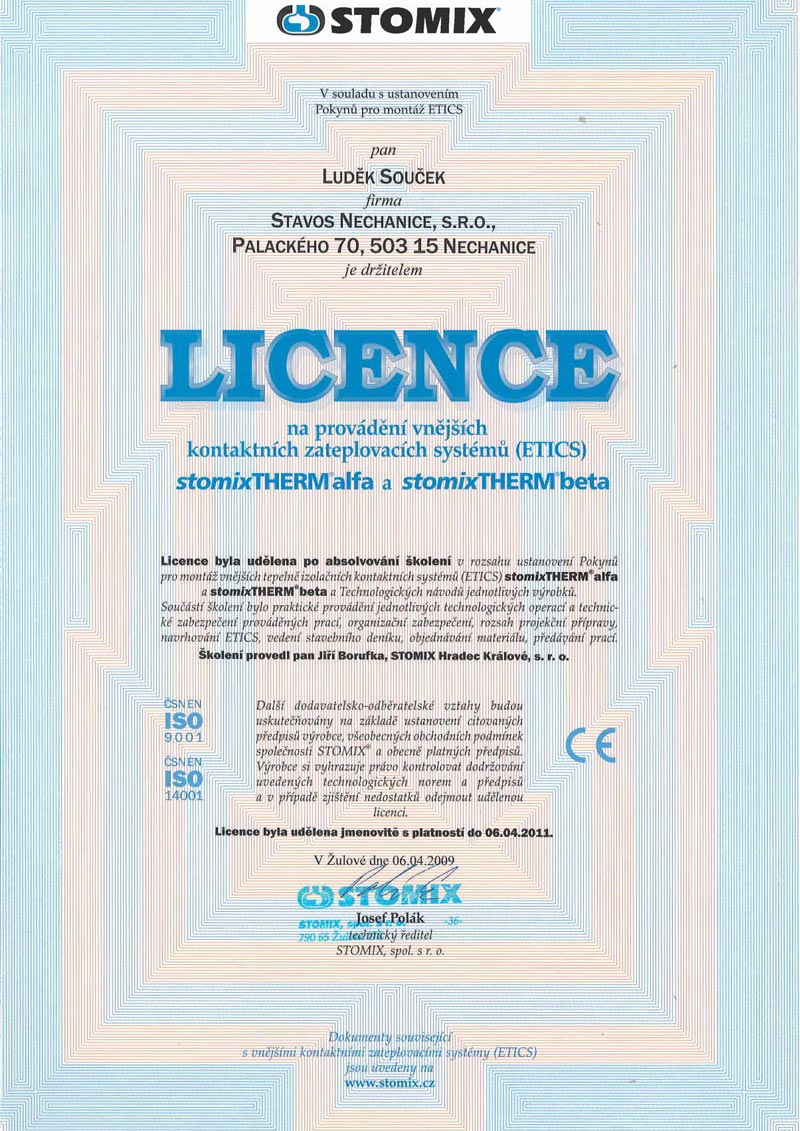 STAVOS NECHANICE - Certifikát pro zateplení stomixTHERM