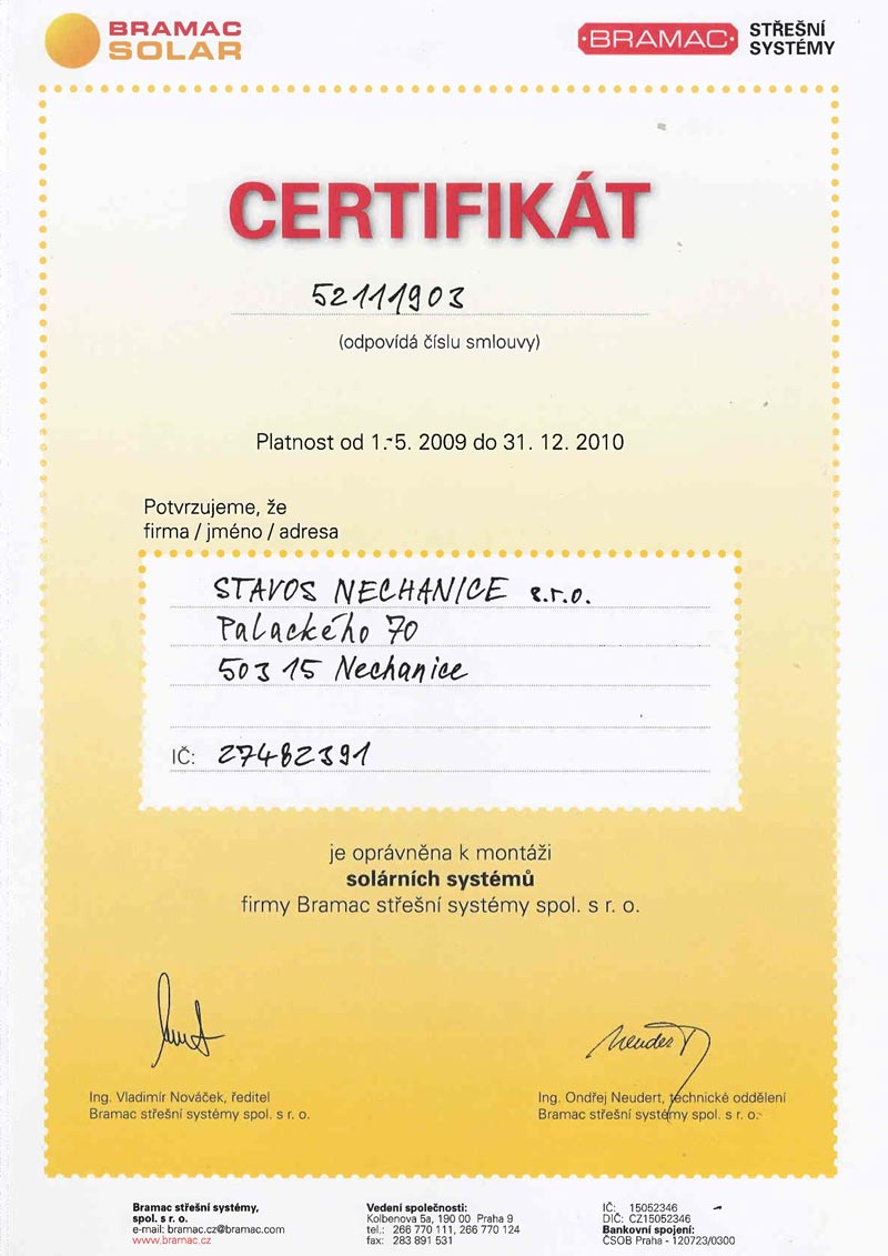 STAVOS NECHANICE - Certifikát solárních systémů