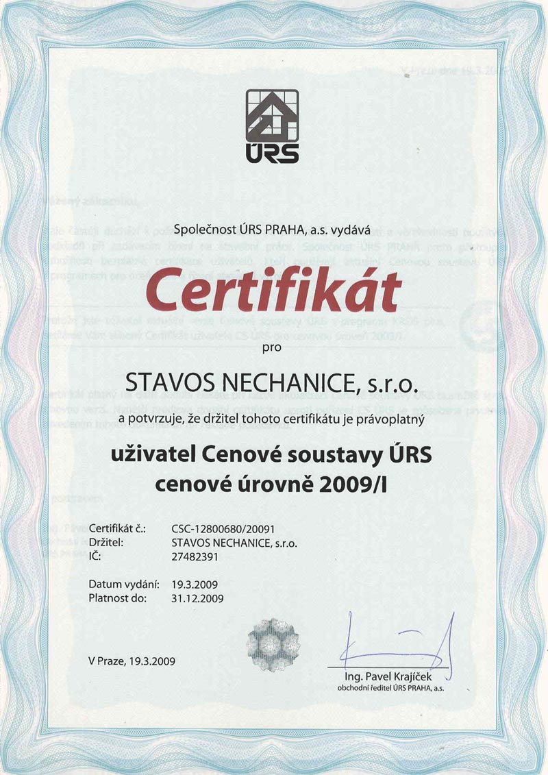 STAVOS NECHANICE - Certifikát cenové soustavy ÚRS